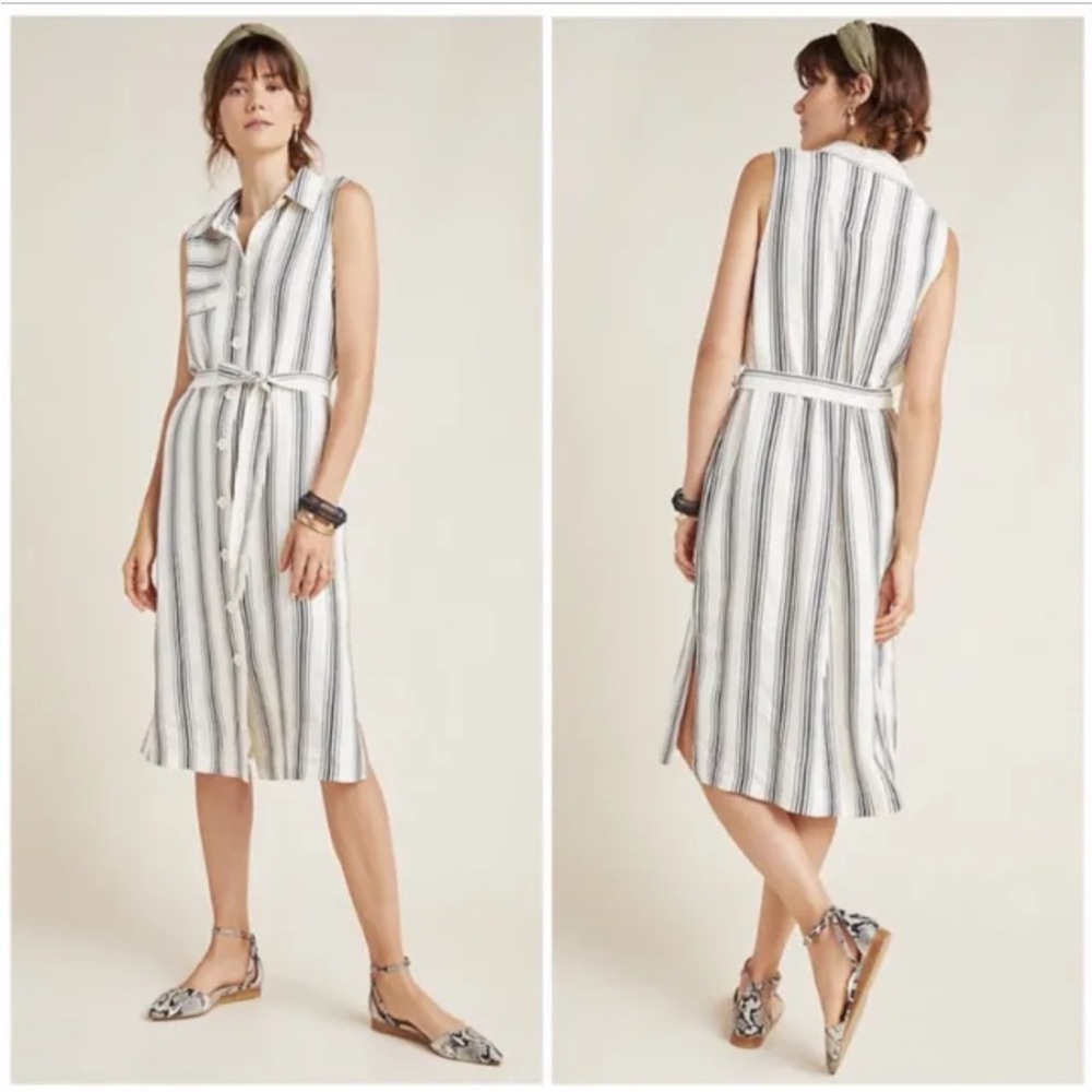 Maeve Anthropologie Esther Sleeveless Striped Midi Shirtdress Black White